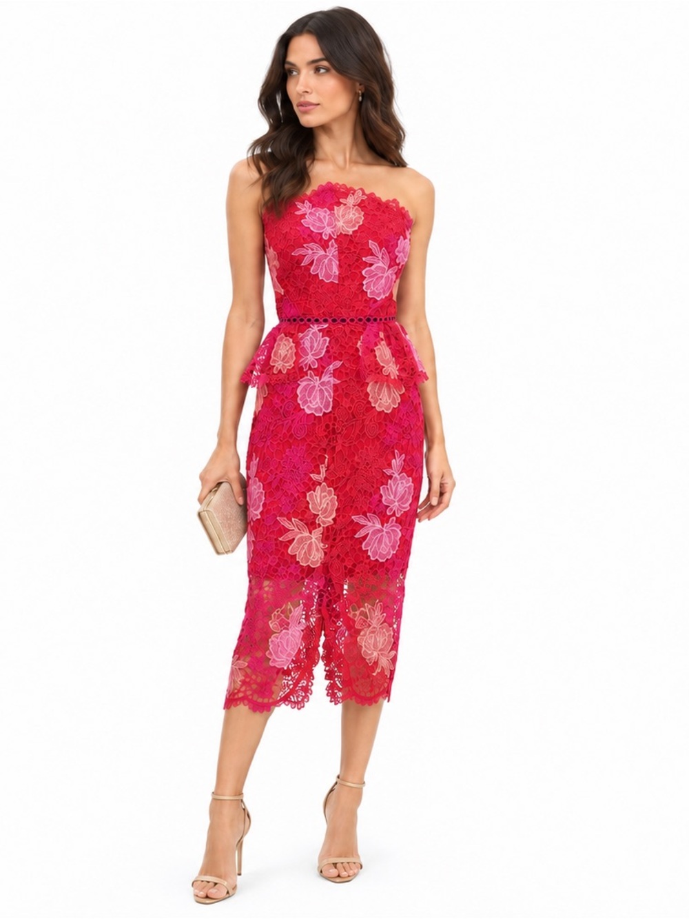 Elliatt Strapless Fuchsia Lace Peplum Midi Dress with Floral Fruit Appliqué Sz S